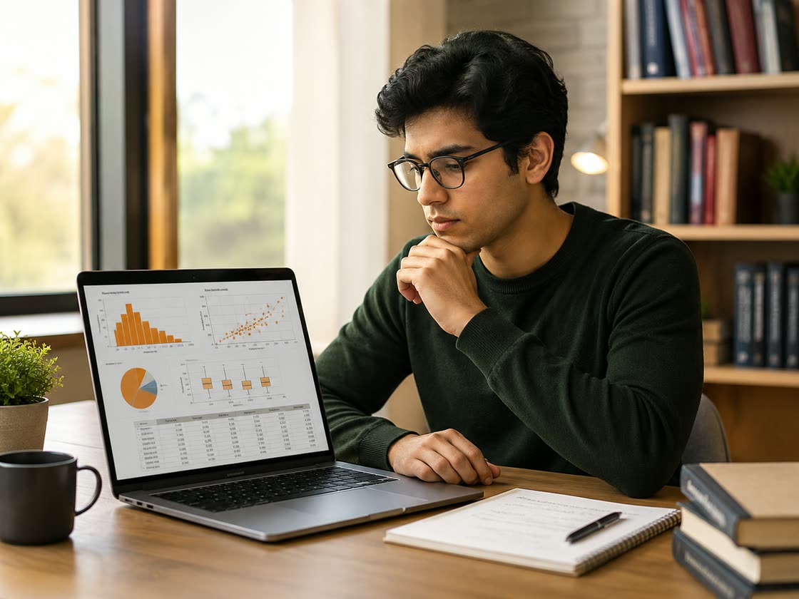 University student getting SPSS help with a statistics assignment on a laptop