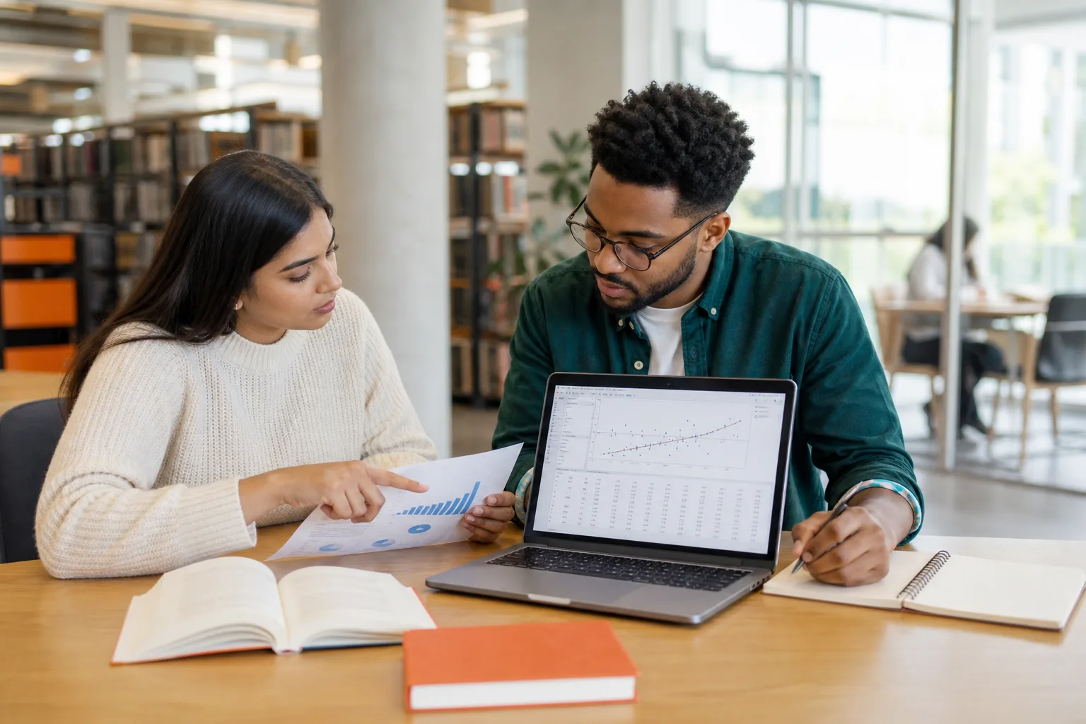 Two postgraduate students discussing a statistical chart beside a laptop in a university library.