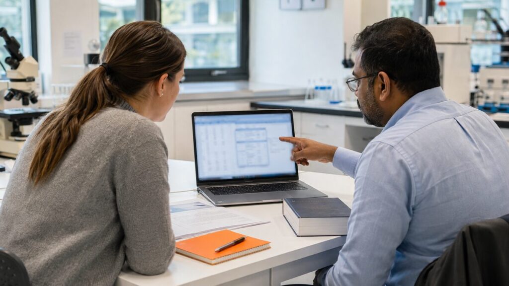hire a biostatistician - student consulting a biostatistician using SPSS