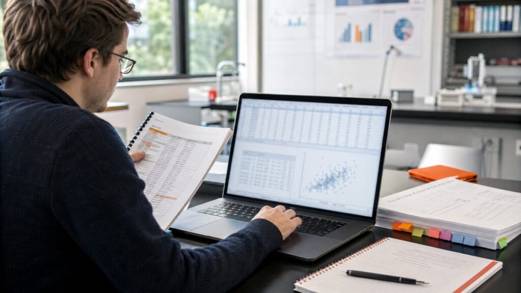 research data analysis services - postgraduate researcher reviewing codebook and SPSS output