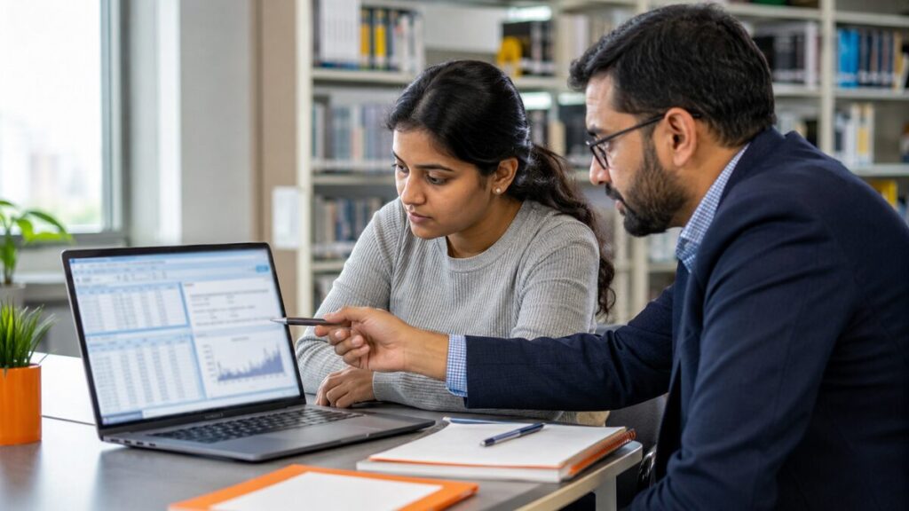 statistics consultant for thesis - student reviewing thesis data analysis in SPSS